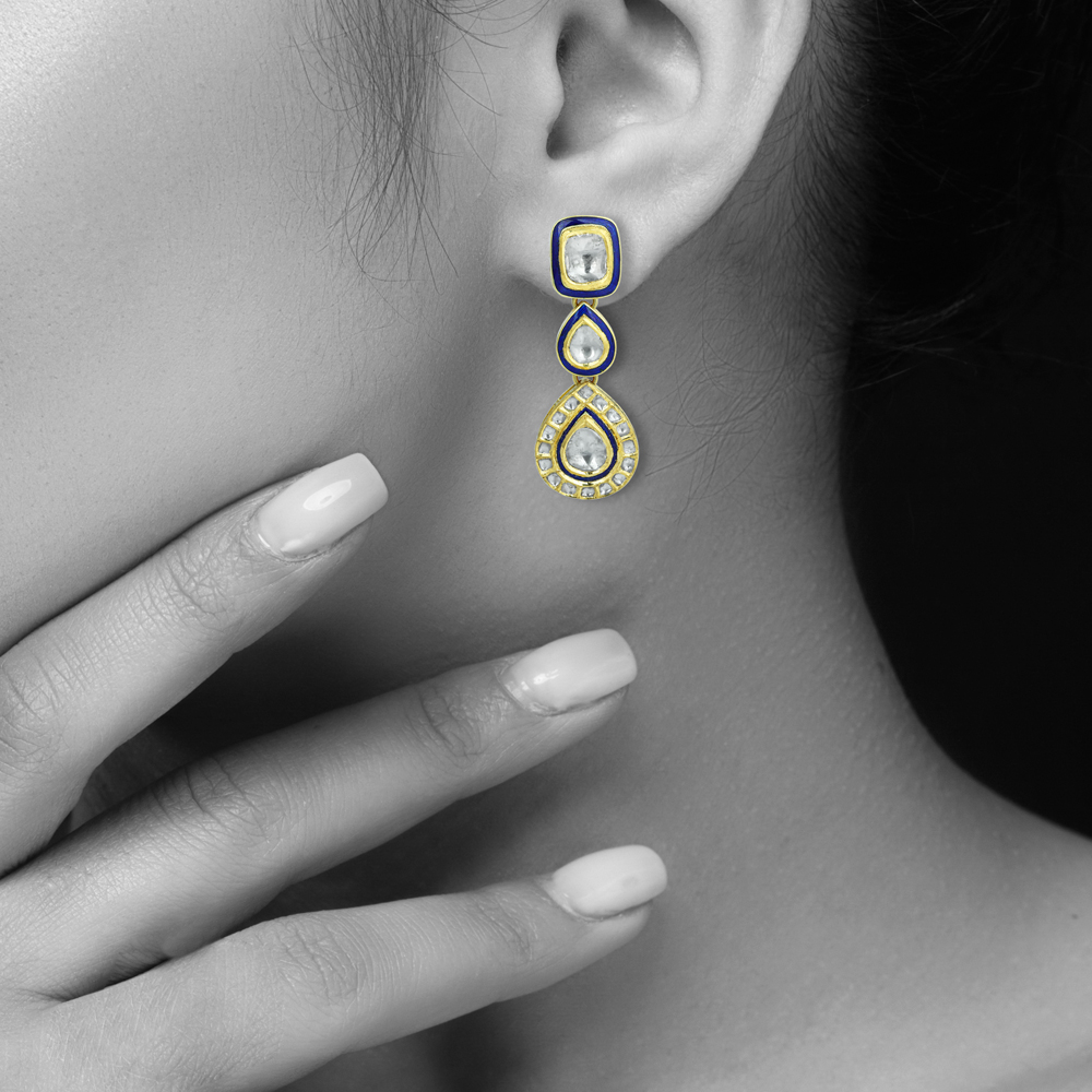 Tiered Teardrop Polki Earrings with Blue Enamel